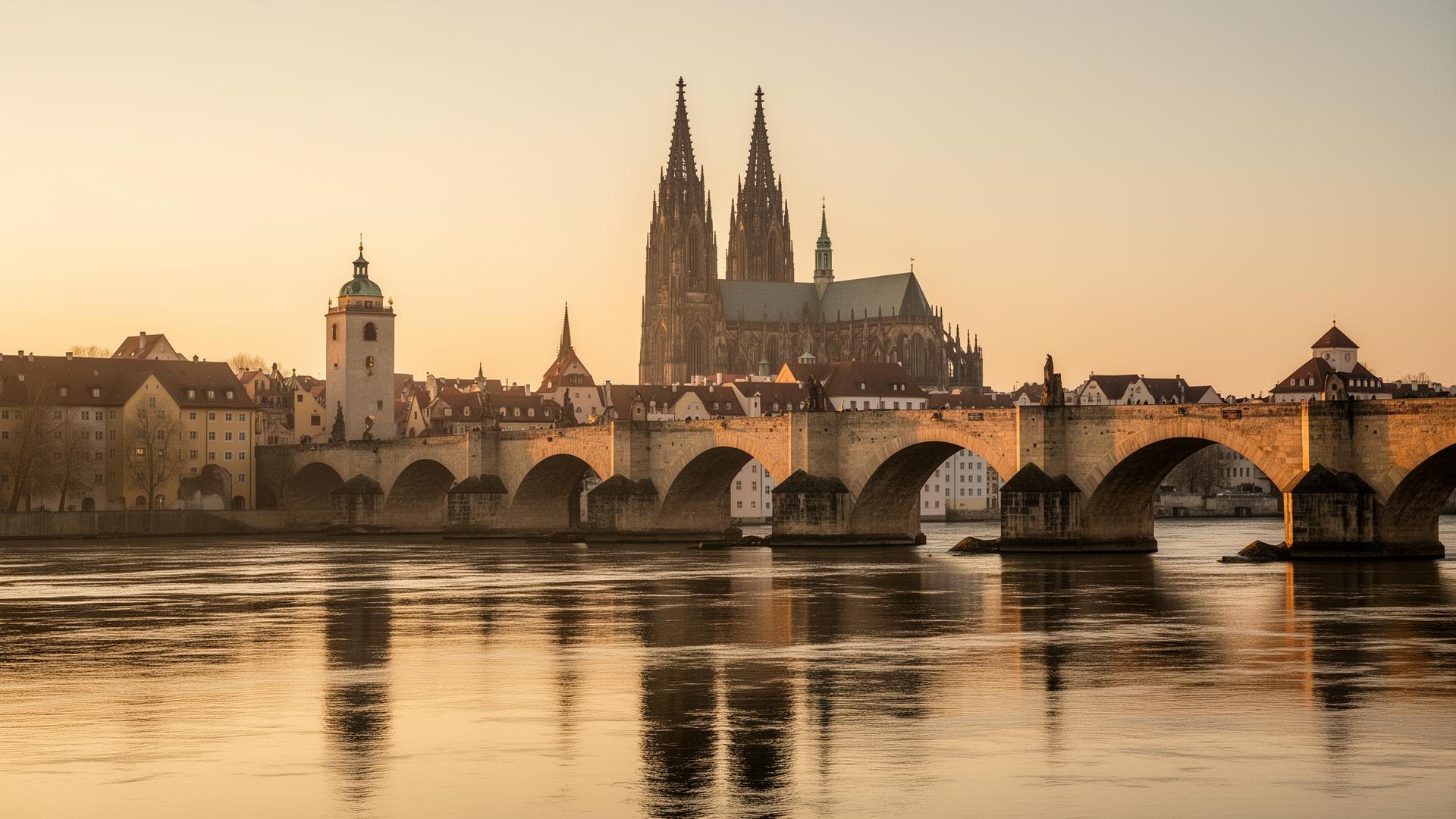 Regensburger Dom und Steinerne Brücke an der Donau im Abendlicht